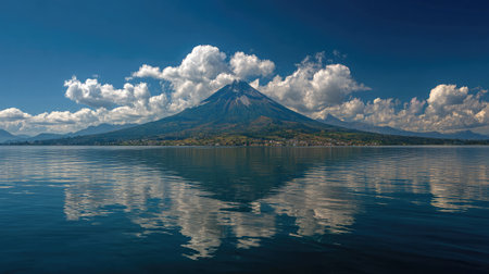 Volcano summit reflected in a nearby calm lake with clouds drifting aboveの素材