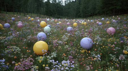 Wide-angle view of solar balloons scattered across a vibrant wildflower meadowの素材