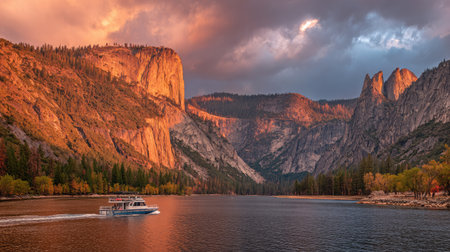 Warm sunset behind a boat on smooth water with dramatic cliffs and orange-tinted peaksの素材