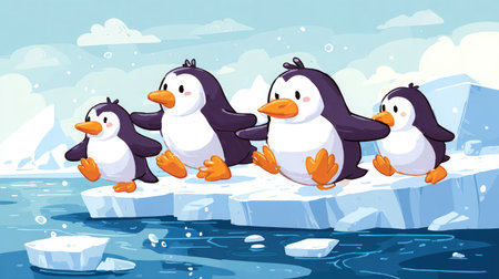 Penguins sliding down an icy slope toward a glacial pool belowの素材