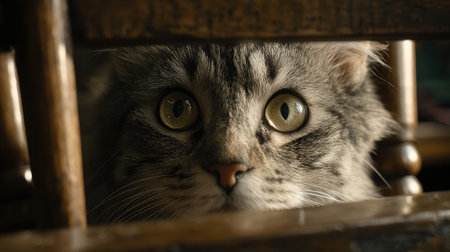 Cat peeking through the slats of a chair with curious glowing eyesの素材