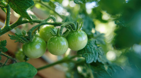 Vertical garden setup with tomato plants climbing supports, producing cherry-sized fruitの素材