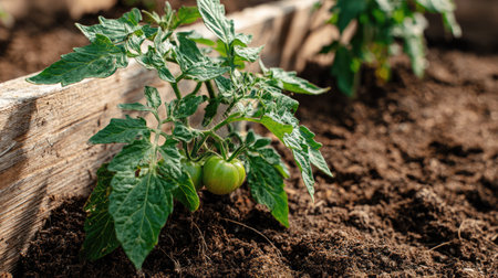 Tomato plant growing in a raised garden bed with rich soil and healthy green vinesの素材