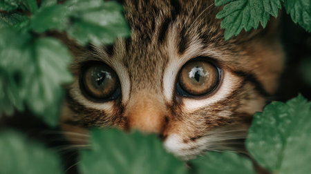 Close-up of a curious cat with big round eyes peeking through green leaves in the gardenの素材