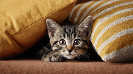 Playful kitten hiding behind couch cushions in a tidy living roomの素材