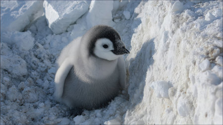 Penguin chick playing near an icy slope with chunks of snow scattered nearbyの素材