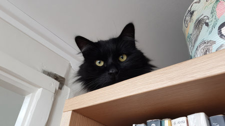 Cat perched on top of a bookshelf looking down with curious eyesの素材