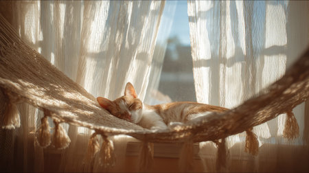 Cat lying on a window hammock with sunlight filtering through sheer curtainsの素材