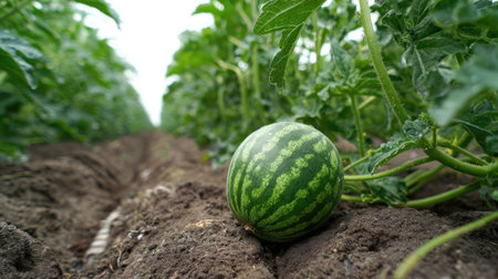 Watermelon fruit on the vine with smooth green skin and soil dust beneath dense leavesの素材