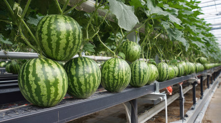 Watermelon plant in vertical farming setup with structured vines and growing platformの素材