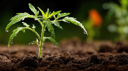 Young tomato seedling emerging from moist soil in a garden setting with strong natural lightingの素材