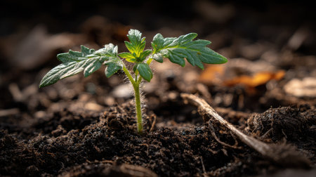 Young tomato seedling emerging from moist soil in a garden setting with strong natural lightingの素材