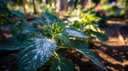 Watermelon leaves with white powdery mildew in natural garden settingの素材