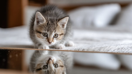 Kitten staring at its reflection in a mirror on a clean bedroom floorの素材