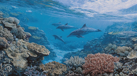 Coral reef landscape with dolphins gliding gracefully through the open spaceの素材