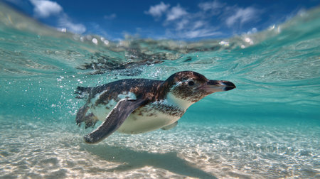 Penguin swimming just beneath the water surface in a clear arctic seaの素材
