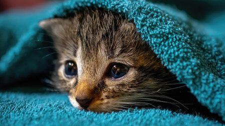 Tiny kitten wrapped in a soft towel with only its head peeking outの素材