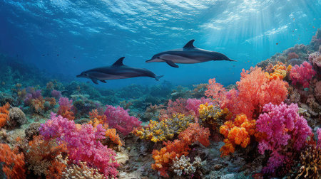 Coral reef landscape with dolphins gliding gracefully through the open spaceの素材