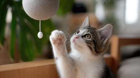 Playful kitten reaching up to swat a hanging toy in a modern minimal living roomの素材