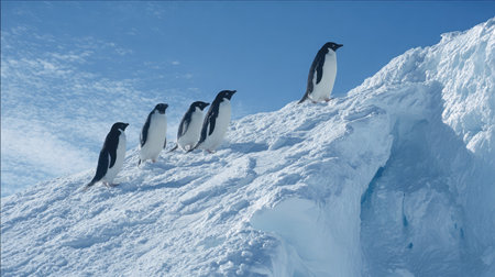 Penguins climbing a steep icy hill with visible tracks in the snowの素材
