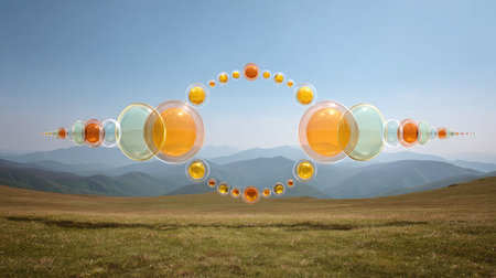 Artistic display of solar balloons hovering symmetrically in a bright, open meadowの素材