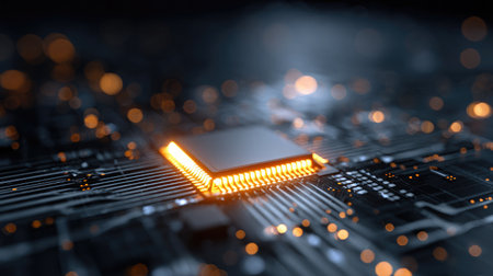Artificial intelligence chip glowing on a circuit board representing smart technologyの素材