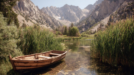 A rustic boat rests near reeds at the edge of a sunlit mountain lakeの素材