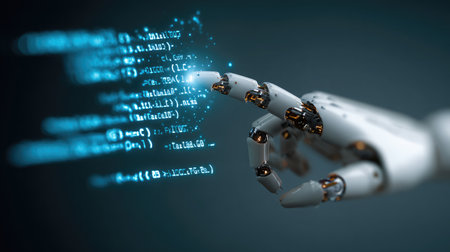 Robotic hand pointing at floating holographic screen showing digital commands and codeの素材