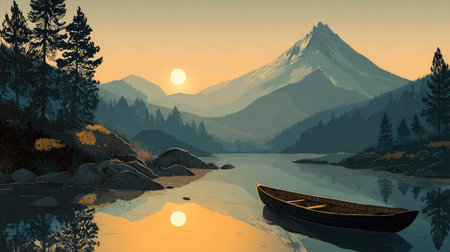 Majestic mountain silhouettes surround a glowing lake where a boat rests calmly under the bright sunの素材