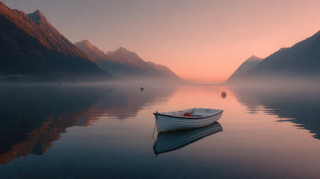 A dreamy sunrise behind misty mountains and a tiny anchored boat reflecting perfectly on a smooth lakeの素材
