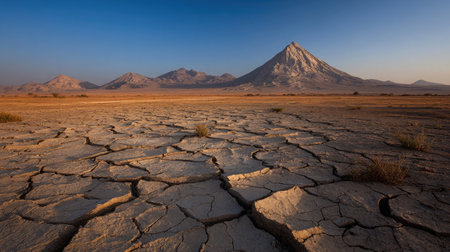 Isolated volcano in desert terrain with dry, cracked ground in foregroundの素材