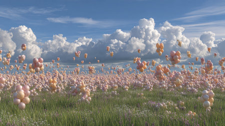 A wide green meadow filled with floating solar balloons absorbing sunlight under a blue skyの素材