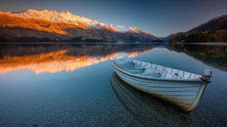 An idyllic scene of tranquil lake waters with a boat in the foreground and snowy peaks glowing at sunriseの素材
