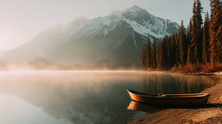 Sunrise illuminates a peaceful mountain lake with a single boat resting near the shore and mist rising into the crisp morning airの素材