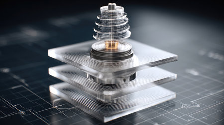 Holographic spinning prototype displayed above virtual blueprint layersの素材