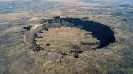 Cracked earth and hardened lava surround a dormant volcano under midday sunの素材