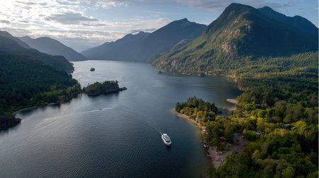Aerial view of a boat on a peaceful lake with surrounding forested mountains and soft sunlightの素材