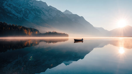 Misty mountain landscape with soft sun behind and a tiny boat in the center of a quiet lakeの素材