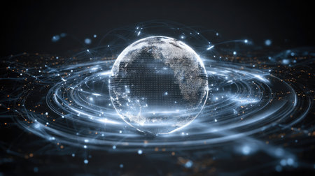 Holographic rotating globe surrounded by digital rings and network diagramsの素材