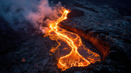 Cooling lava river snaking down from a crater into a rocky landscapeの素材