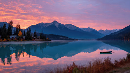 A vibrant sunrise paints the sky above a mountain valley lake with a lone boat drifting peacefullyの素材