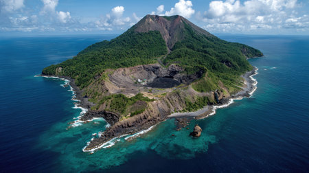 Remote volcanic island viewed from above with crater and lava trails visibleの素材
