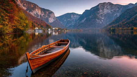 Warm morning sun peeks above mountain peaks, casting long reflections beside a quiet wooden boatの素材