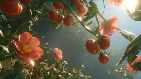 Vibrant tomato vines reaching across small garden space, covered in sunlight and bloomの素材