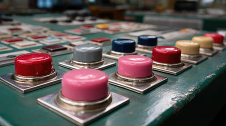 Industrial control board with emergency stop buttons and pressure indicatorsの素材