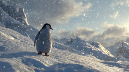 Emperor penguin standing tall on icy terrain with soft snowflakes falling gently in the backgroundの素材
