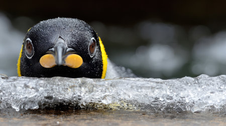 Penguin peeking out from behind an icy ledge, curious expression visibleの素材