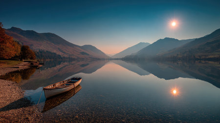 Crystal clear waters reflect both a small boat and mountain silhouettes, with a glowing sun hanging low in the skyの素材