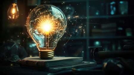 A glowing light bulb symbolizes creativity and innovation, surrounded by books. This artistic image captures the essence of inspiration and bright ideas.の素材