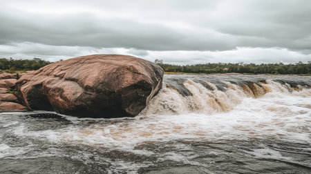 A breathtaking view of a serene waterfall cascading over a rocky formation. The landscape showcases the beauty of nature with flowing water and cloudy skies.の素材